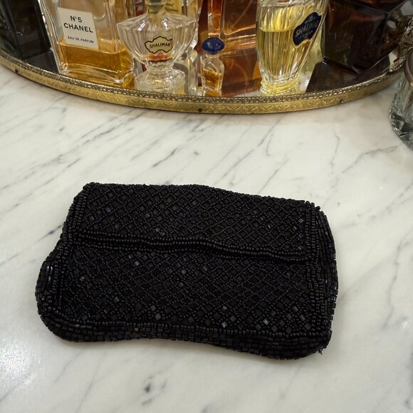 Vintage French Black Beaded Belt Bag with Chanel Gift Bag 5" X 3.5" - Picture 7 of 17